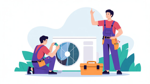 Professional HVAC technicians in overalls repairing outdoor air conditioning unit with tool box illustration.