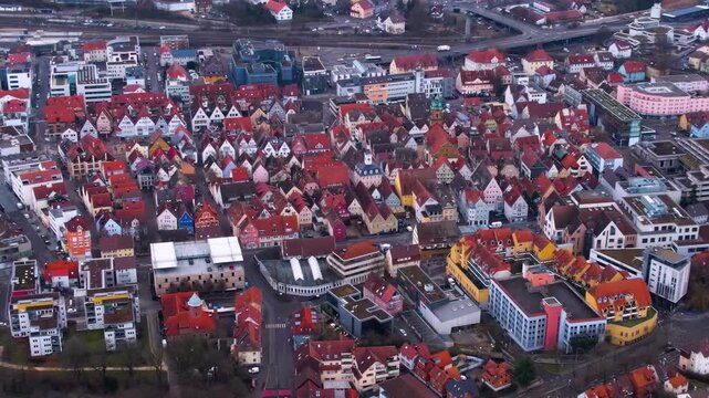 Aerial view of the old town city Aalen in south Germany . On a cloudy day in autumn. 