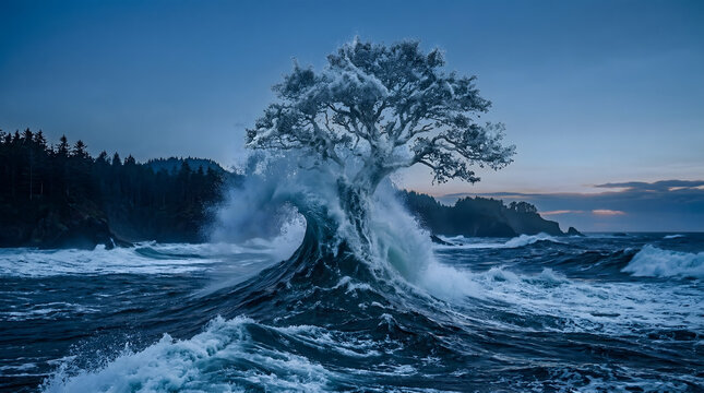 Majestic tree emerges defiantly from colossal ocean waves at twilight, symbolizing nature's enduring power and resilience against the untamed sea