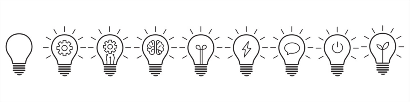 Light bulb icon set for idea and innovation concept. Creative thinking and solution symbols. vector illustration of light bulb for creativity.