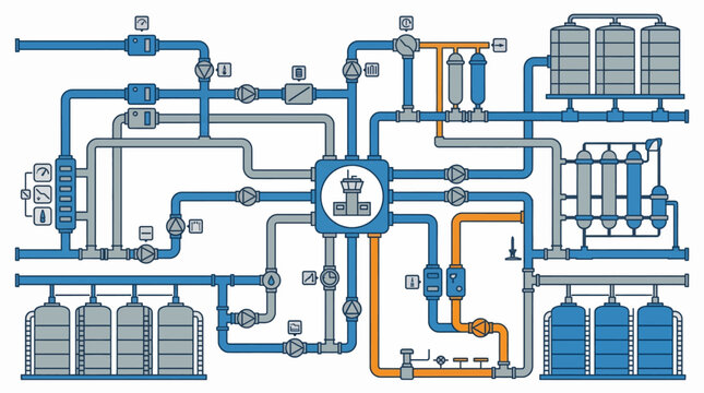 Industrial process flow diagram with pipes and machinery.