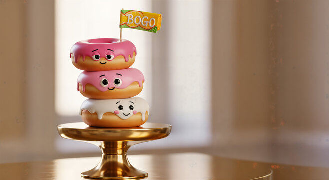 Cute 3d donut characters stacked on a golden stand with a bogo sale flag for bakery promotion and sweet dessert marketing with happy faces and colorful pink and white icing.
