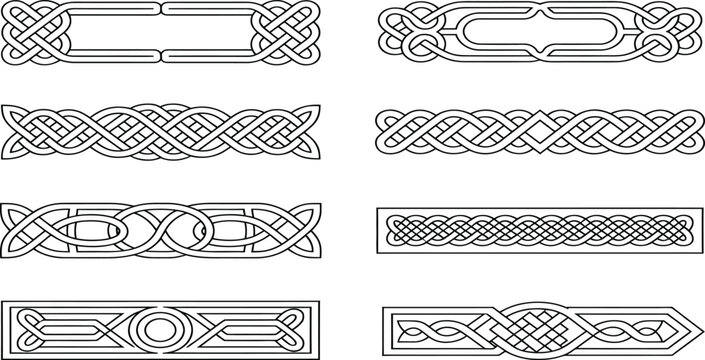 Set of vintage black celtic patterns and vector borders featuring decorative floral line ornaments and retro frame elements for a silhouette style page divider design