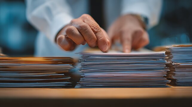 Close-up of hands organizing a stack of files with a lab coat in the background