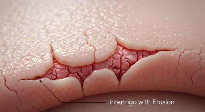 Intertrigo with erosion on skin surface close up view