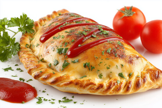 Freshly baked calzone with tomatoes and sauce on plate