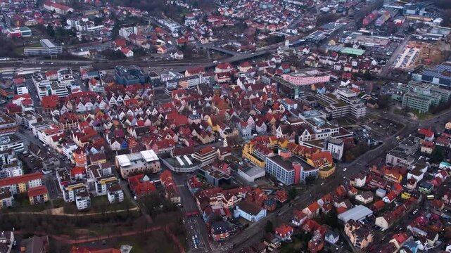 Aerial view of the old town city Aalen in south Germany . On a cloudy day in autumn. 