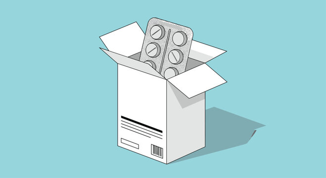 Cardboard medicine box is open to reveal a blister pack of white pills representing healthcare and pharmaceutical needs.