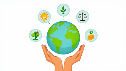 Fototapeta premium Hands cradling earth globe with eco friendly icons for sustainability and environmental conservation