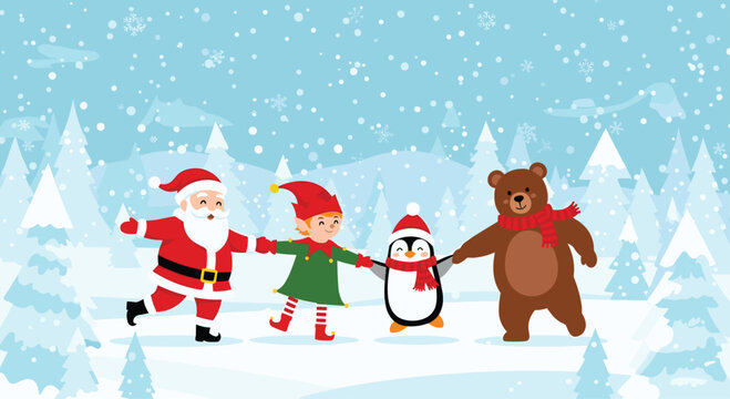 Joyful Christmas characters including Santa Claus elf penguin and bear dancing together in a snowy winter forest landscape.