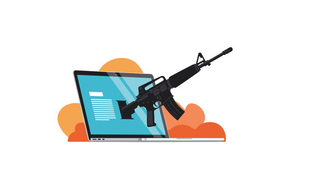 Cybercrime concept showing a black assault rifle emerging from a laptop screen against an orange abstract background clouds.