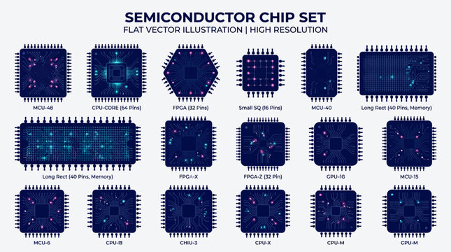 High-resolution flat vector illustration of various semiconductor chip sets on a white background, showcasing different designs and patterns in shades of blue with pink and teal accents,