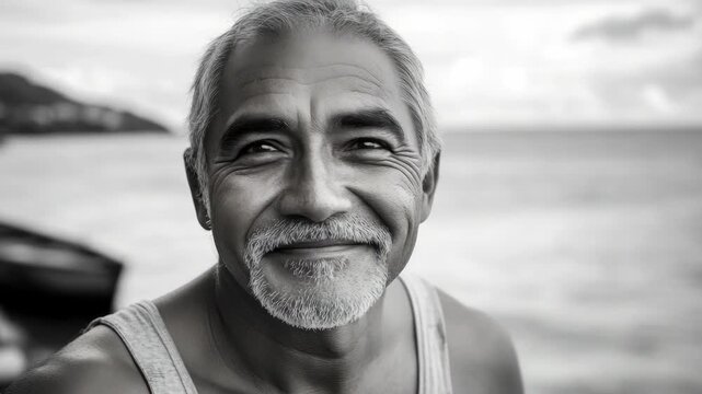 Vintage man, joyful expression, beach, outdoor, relaxation, leisure, ocean, seaside, happiness, wisdom, maturity, age, beard, smile, sunlight, tranquil, waterfront, vacation, nostalgia