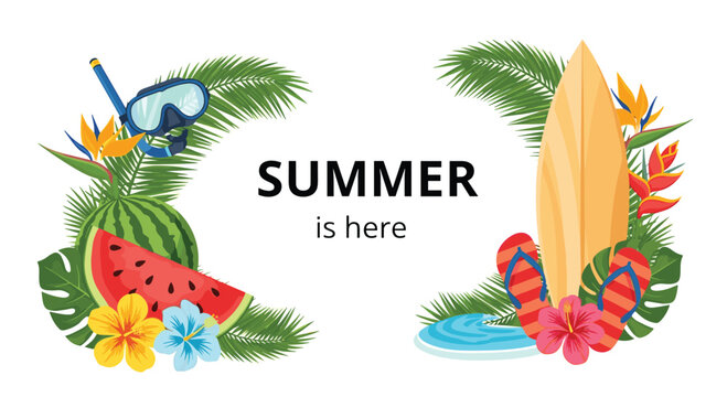 Tropical summer border design with palm leaves, watermelon, flowers, surfboard, snorkeling gear, and flip flops around a central white text space.