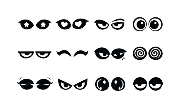 Expressive eye symbols: glowing star-pupil eyes, love-struck tilted eyes, skeptical one-brow eyes, panic wide-stare eyes, bored flat-lid eyes, joyful crescent eyes, hurt bruised