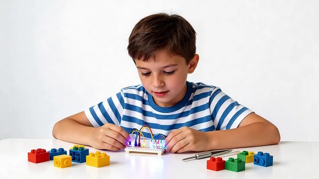 Focused boy assembling electronics on breadboard with colorful LEGO blocks, learning STEM concepts through hands-on education and creativity