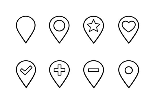 Map location pins: classic map pin, map pin with circle center, map pin with star, map pin with heart, map pin with check mark, map pin with plus symbol, map pin with minus symbol