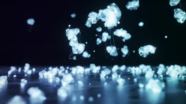 Hundreds of glowing, crystalline particles emerge, coalesce, and form intricate patterns in a vast digital void, tracked from wide to macro video, bathed in ethereal blue-purple light. High-tech CGI