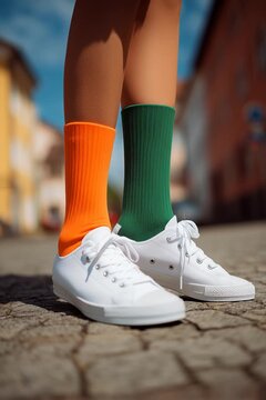 Close-up, low-angle shot of a person's legs wearing one orange and one green sock with white sneakers.  Playful style. The concept of support for people with Down syndrome