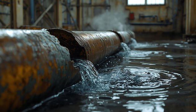 A severely damaged and corroded industrial pipe leaking copious amounts of water onto a wet concrete floor in an abandoned factory.