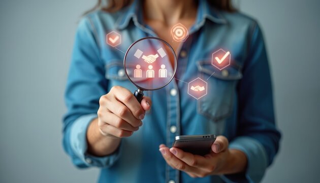 Person uses magnifying glass to examine team members and handshake icons. Digital graphics show checks and process flow. Analyzes workforce for better operations and business.