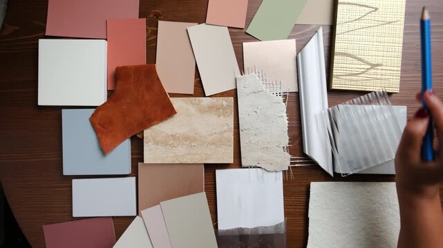 Interior designer working with texture samples and color palette for decor project