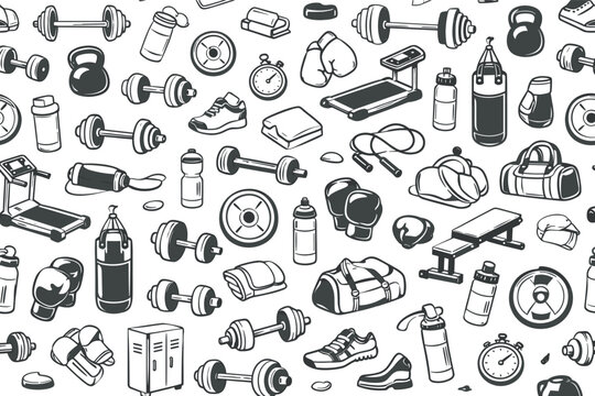 Gym and training equipment sketch seamless pattern for fitness and workout concepts featuring dumbbell, barbell, kettlebell, weight plate, treadmill, bench, skipping rope, boxing