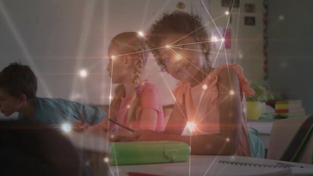 Three students writing in classroom pencil marks causing glowing network overlay aiding learning