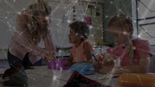 Teacher leaning pointing to purple pencil case child reaching as peer writing overlay aiding study