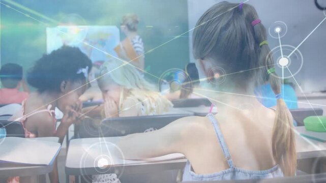 Pan revealing braided girl writing in workbook, turning in class, network overlay mapping edtech
