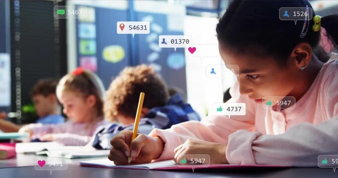 Girl writing in education from frame two reactions growing near pencil showing engagement