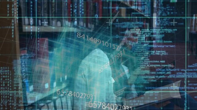 Two women at library right woman tapping device activating code wireframe globe for education