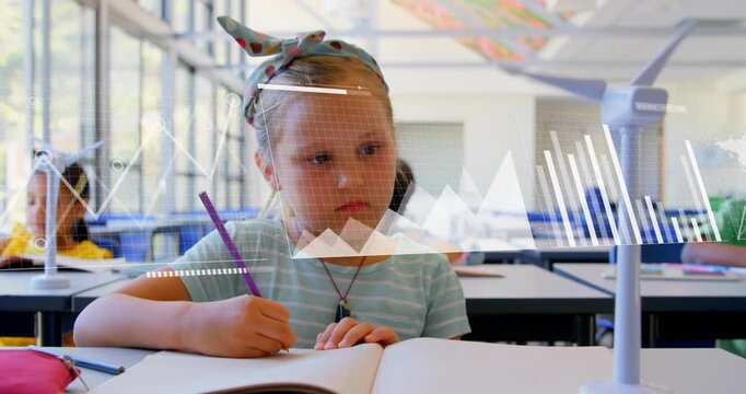 Girl writing notebook, animated class charts rising across face and notes showing wind energy data
