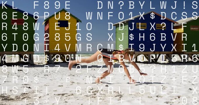 Child raising arm by yellow hut running into cartwheel, landing with code overlay frame for fitness