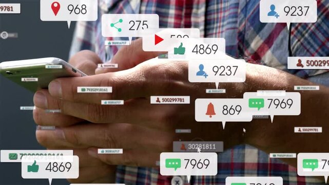Man adding phone into frame, tapping and swiping, making social alerts over hands showing activity