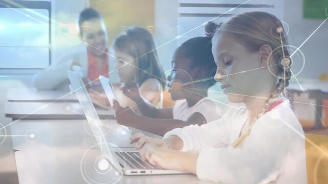 Teacher pointing tablet, class learning on screens, cloud linking devices, girl turning smiling