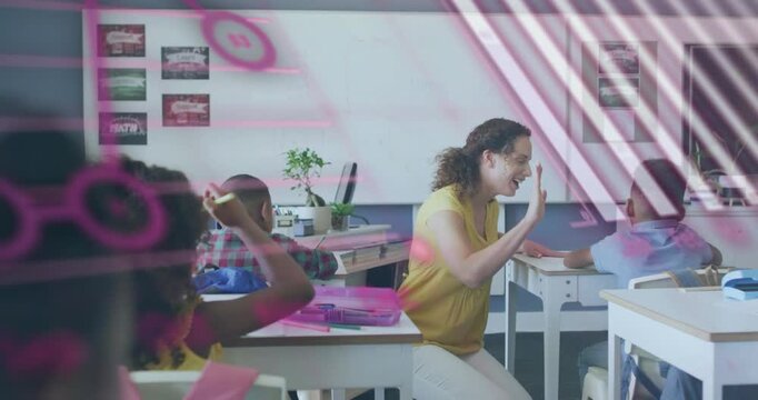 Teacher kneeling beside student in class helping pointing and high-fiving as pink overlay obscuring