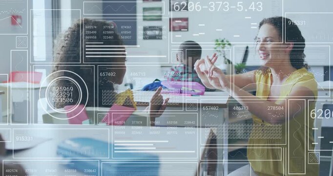 Teacher starting finger drills teaching motor skills, girl mirroring gestures with HUD animating