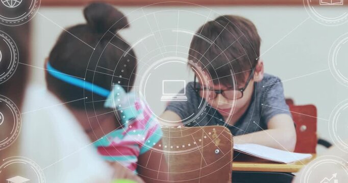 Camera pullback revealing boy with glasses writing in class HUD laptop icon shifting tracking work