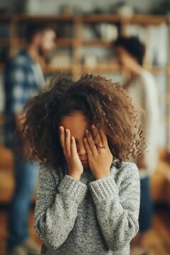 Stressed young girl looks sadly at camera, hands on face. In the blurred background, her parents have a conflict. Shallow depth of field focuses on the child's distress. Muted colors, somber mood.