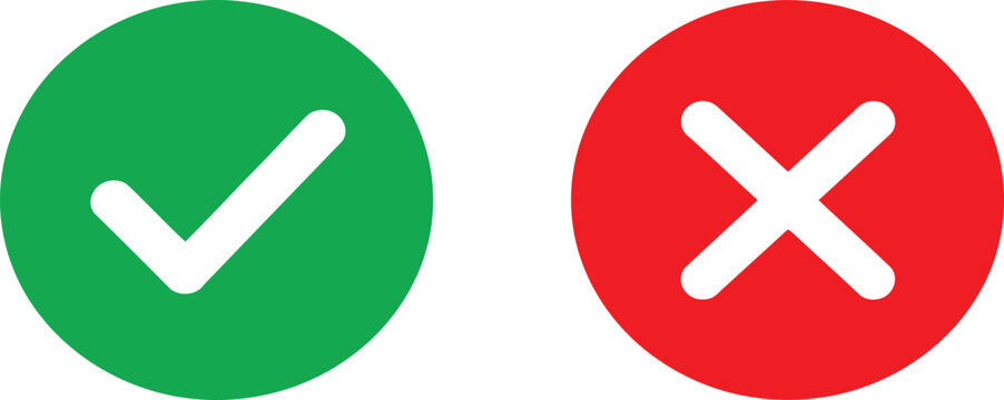 A green check mark and a red cross mark icon representing correct and incorrect status symbols Vector