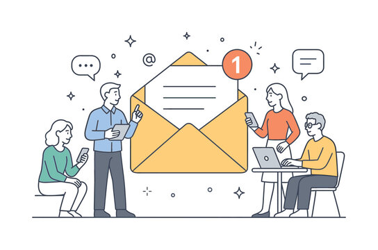 Online messaging and digital contact concept where people interact while sending and receiving information through email platforms, a large envelope icon and a simple message