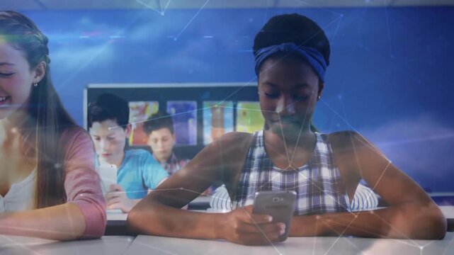 Front girl tapping smartphone to follow lesson, camera pulling back as web overlays linking devices