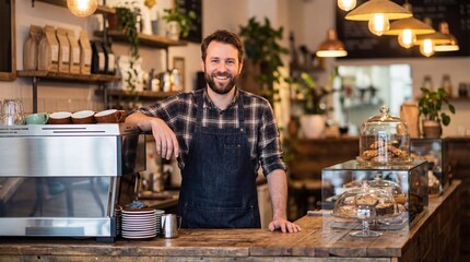 Fototapeta premium Proud cafe owner standing behind wooden counter of independent coffee shop - small business entrepreneur concept