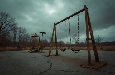 Fototapeta premium Rusty abandoned playground under dark cloudy sky. Empty swings and slide suggest neglect and decay. Overcast day evokes somber mood. Trees without leaves surround area.