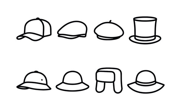 Headwear styles: trucker cap, flat cap, beret hat, top hat, safari hat, straw sun hat, ushanka hat, wide brim hat