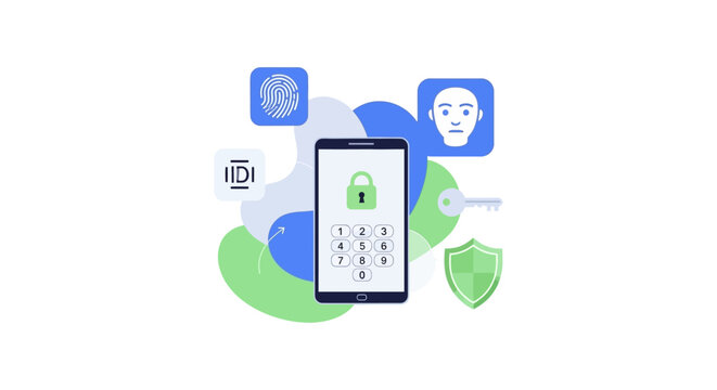 Mobile Multi-Factor Authentication (MFA) concept. Smartphone screen showing padlock, PIN, Fingerprint, Face ID, and secure digital access.