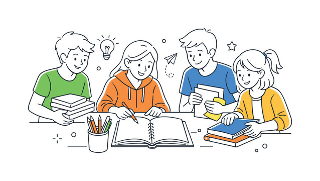 School learning preparation scene where students gather around a desk organizing their study materials before starting a class project, a pencil holder and an open notebook acting