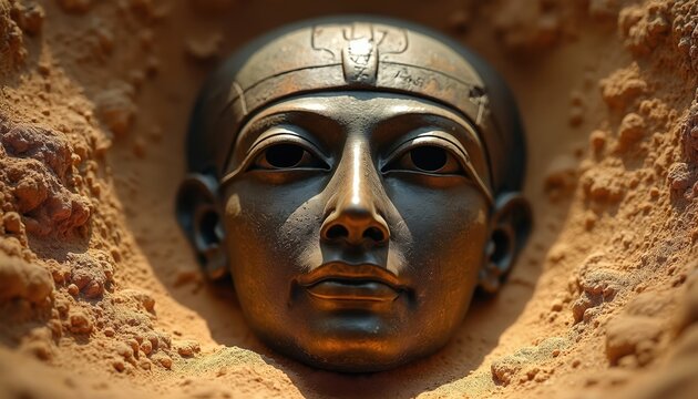 Ancient Egyptian bronze mask lies in desert sand tomb. Pharaohs burial artifact, face detail unearthed from ancient tomb excavation. Historical relic found in desert excavation site.
