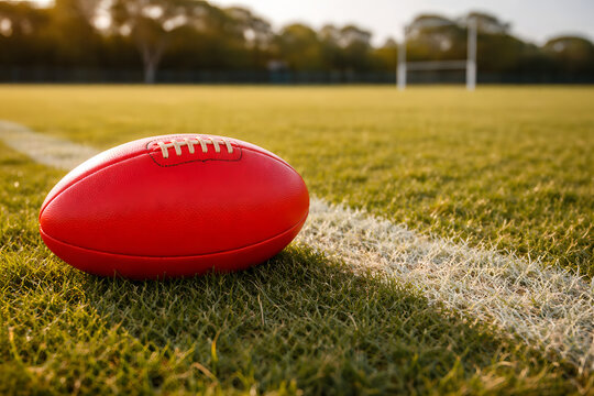 Red Australian football on grass field with goal posts in background at golden hour